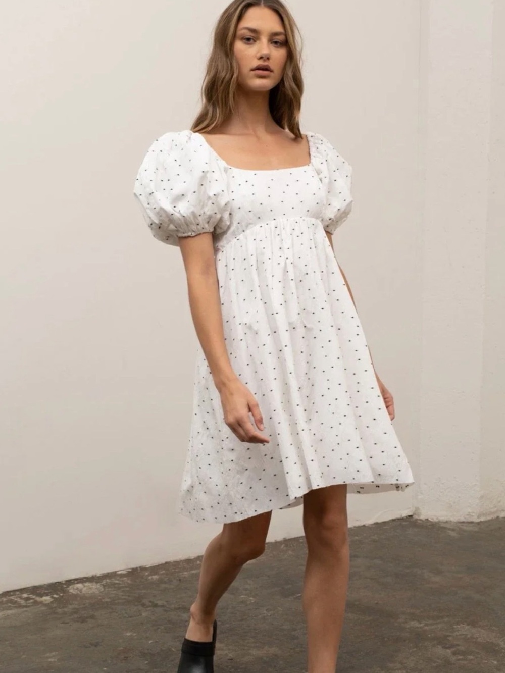 Moon River White Puff-Sleeve Smocked Mini Dress with Black Dot Detail
